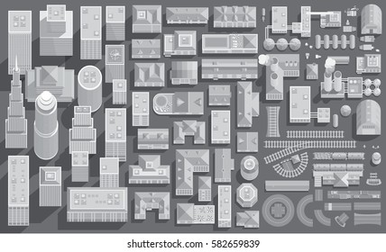 Set of landscape elements in shades of gray. City, transport, factories. (Top view) Skyscrapers, buildings, houses, roofs, plants, roads, railways. (View from above)