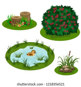 Set of landscape elements for summer forest or garden scene design. Bush, flowers in grass, pond with a duck, stubs, stones and reefs. Tile set for cartoon or video game asset. Vector illustration