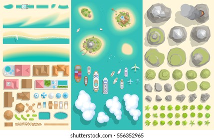 Set of landscape elements. Summer vacation. Tropical islands. (top view)
Beach, island, houses, ships, mountains, hills, rocks, trees, plants. (view from above)