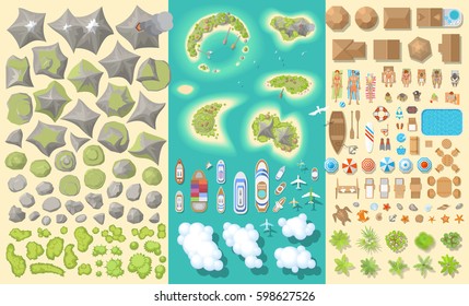 Set of landscape elements. Summer vacation. Tropical islands. (top view) Mountains, hills, rocks, stones, clouds, houses, ships, people, furniture, palm trees. (view from above) 