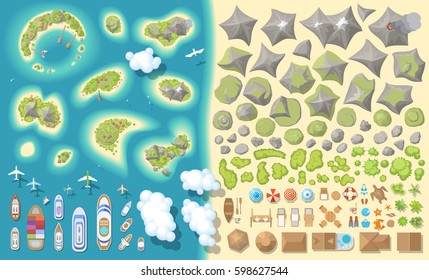 Set von Landschaftselementen. Sommerferien. Tropische Inseln. (Draufsicht) Berge, Hügel, Felsen, Steine, Wolken, Häuser, Schiffe, Möbel. (Ansicht von oben) 