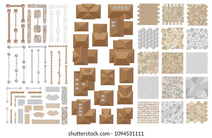 Set of landscape elements. Top view. Roofs, pavements, fences. View from above. 