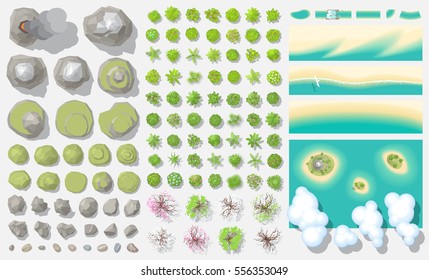 Set of landscape elements. (Top view)
Mountains, hills, rocks, stones, trees, plants, beach, island, clouds. (View from above) 