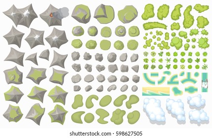 Set of landscape elements. (Top view) Mountains, hills, rocks, stones, trees, plants, river, clouds. (View from above)