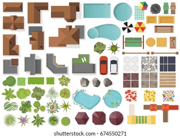 Set Landscape elements, top view.House, garden, tree, lake,swimming pools, bench, table. Landscaping symbols set isolated on white