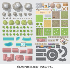 Set Of Landscape Elements. Village. (Top View) 
Farm. (View From Above)