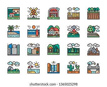 Set of Landscape, Farm and Megapolis Flat Color Line Icons. Bridge, Desert, Waterfall, Mountains, Beach, Forest, Town, Garden, Volcano, Farming House, Windmill and more. Pack of 48x48 Pixel Icons