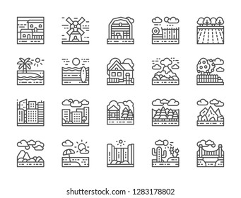 Set of landscape, farm and megapolis line icons. Bridge, desert, waterfall, mountains, beach, forest, city, town, garden, volcano, farming fields, house, windmill and more.