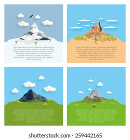 a set of landscape with geometrical mountains and objects