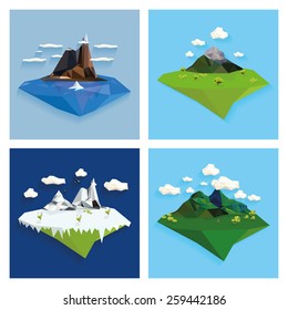 a set of landscape with geometrical mountains and objects