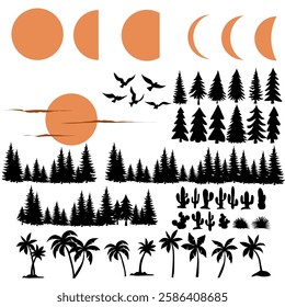 Set of landscape graphic shapes for using in invitation cards, ornaments, wedding invitations, etc. Handmade drawing with bohemian style. Vector illustration.