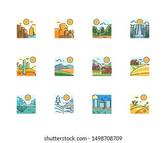 Set of landscape icon set with many kind nature view such as mountain, desert, and many more in vector isolated format