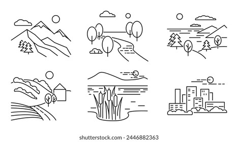 Gruppe von Landschaftssymbolen. Schwarze Linien. Lineares Bild. Berge, Flüsse, Wald, Stadt. Vektorgrafik