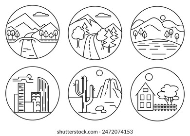 Set of landscape icons. Black lines. Linear image. Mountains, rivers, forest, city. Vector