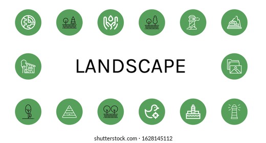 Set of landscape icons. Such as Geology, Tree, Water, Lighthouse, Machu picchu, Pyramid, Shooting gallery, Cottage, Gallery , landscape icons