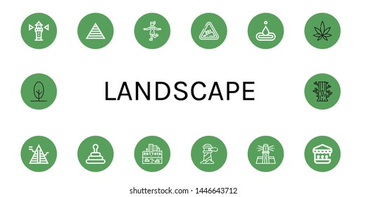 Set of landscape icons such as Lighthouse, Pyramid, Charleston, Hill, Water, Weed, Pattaya, Shooting gallery, Tree , landscape