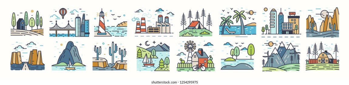 Set of landscape icons or symbols. Collection of beautiful natural sceneries - beach, forest camp, countryside, desert, city, industrial area. Colorful vector illustration in modern line art style.