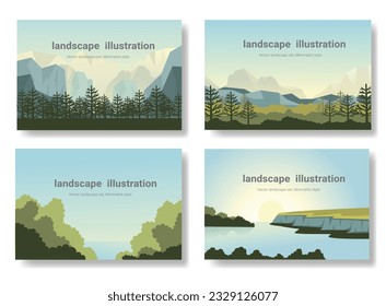 Set of landscape illustration, mountains and lakes flat style, Beautiful Natural wallpapers, vector illustration.