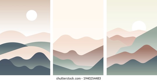 Set of landscape with Japanese wave. Beige, brown, yellow, green gray and white. Mountains and sandy dunes. Nature and ecology. Vertical orientation. Template for social media, post cards and posters