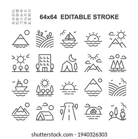 Set of Landscape Line Icons. Vector Illustration. Editable Stroke, 64x64 Pixel Perfect.