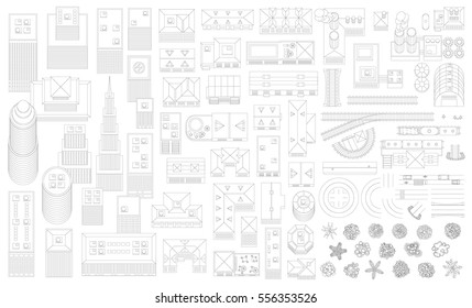 Set landscape linear elements. City. (Top view) 
Skyscrapers, houses, buildings, factories, roads, railways, trees. (View from above) 