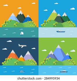 Set landscape with mountains, trees and the sea. Nature Illustration in a flat style for design and conceptual web graphics.