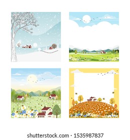 Set landscape natural backgrounds of four seasons. Winter wonderland, Spring farm land, Sunny day wild flowers fields on summer, Autumn with leaves falling.Set cartoon flat design 4 seasons concept