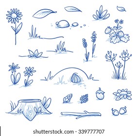 Set landscape   nature background parts: stump  strawberries  nuts & cones  stones  hills  grass  leaves   flowers  Hand drawn vector illustration 