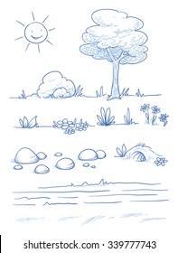 Set of landscape and nature background parts: tree, bush, stones, hills, grass, leaves and flowers. Hand drawn vector illustration.