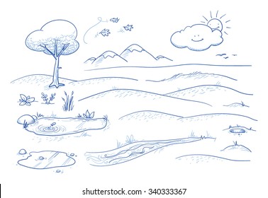 Set of landscape and nature background parts: tree, lake, creek, puddle, mountains, hills, grass, leaves and flowers. Hand drawn vector illustration.