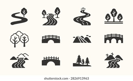 Set of landscape and nature icons featuring rivers bridges and trees. Flat vector illustration EPS 10.