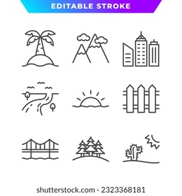 Set of Landscape Outline Icon. Island, City, Mountains, River, Bridge, Desert, and More. Editable Stroke. Vector Eps 10