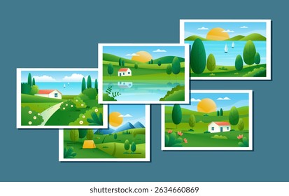 Set of landscape pictures in frames. Nature backgrounds. Interior elements. Vector illustration cliparts. Gradient banners.