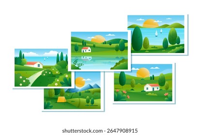 Set of landscape pictures isolated on white background. Nature backgrounds. Interior elements. Vector illustration cliparts. Gradient banners.