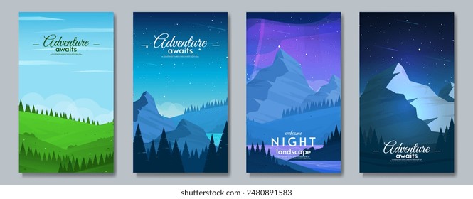 Set of landscape posters. Night landscape with starry sky and aurora borealis. Design for poster, banner, flyer, invitation.