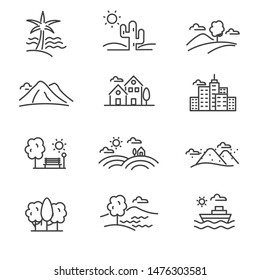 Set Of Landscape Related Vector Icon Line Design Such As Beach, Desert, Mountain And More, Suitable For Illustration Or Doodle Too.