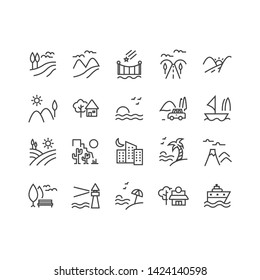 Set of Landscape Related Vector Line Icons. Contains such Icons as Farm, Megapolis, Desert and more. Editable Stroke.