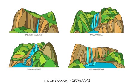 Set of landscape sights of Mexico. Mexican nature monuments. Basaseachic Falls and Tamul waterfall, El chiflon cascada or cascade, Misol Ha mountain. Natural symbols of north america, map signs