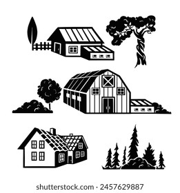 Set for landscape silhouettes, symbols of houses, trees, barn. Vector illustration