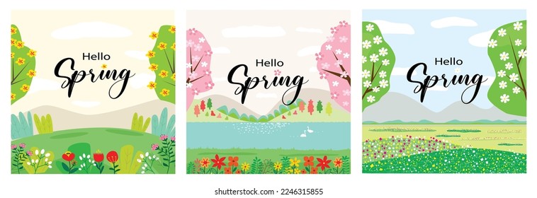 Set of landscape square banner on gradient background Spring season theme colour design. Vector illustration.  