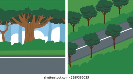 Set of landscape with trees and road. Vector illustration in flat style