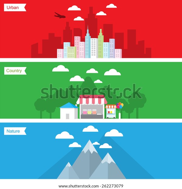Set of the landscape  with urban country and\
nature of flat design.