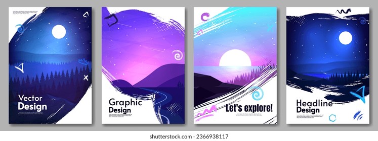 Set of landscape. Vector illustration. Night flat style landscape with paint brush overlay. Design for poster, banner, postcard, cover.