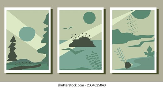 set of landscape vector illustration on wall art design style.  Scandinavian design concept. green pastel color.