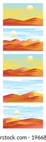 Set of landscape with waves. Blue sun set sky. Yellow, orange, pink and red mountains silhouette. Sandy desert dunes. Nature and ecology. Horizontal orientation. social media, post cards and posters