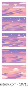 Set of landscape with waves. Sun set and night sky. Moon, stars. Yellow, purple, pink and violet mountains silhouette. Sandy desert dunes. Nature and ecology. For social media, post cards and posters