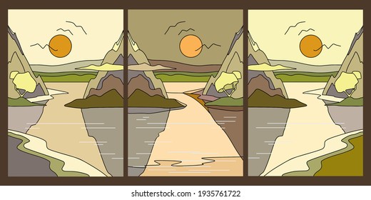 Set landscapes abstract modern contemporary Scandinavian background. Drawn sunset. sea, ocean mountains, hills, waves. Vector illustration trendy art flat minimalist style template banner poster decor