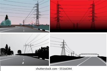 set of landscapes with electric line near road