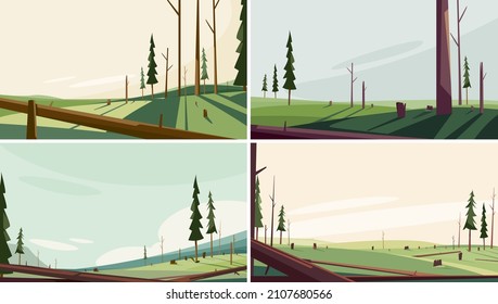 Set of landscapes with felled trees. Dead nature sceneries.