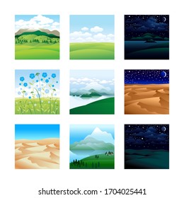 Set of landscapes. Fields. The mountains. Desert. The hills. Coast. Village. Plain. Summer. Night landscapes with the moon and stars. Vector illustrations.